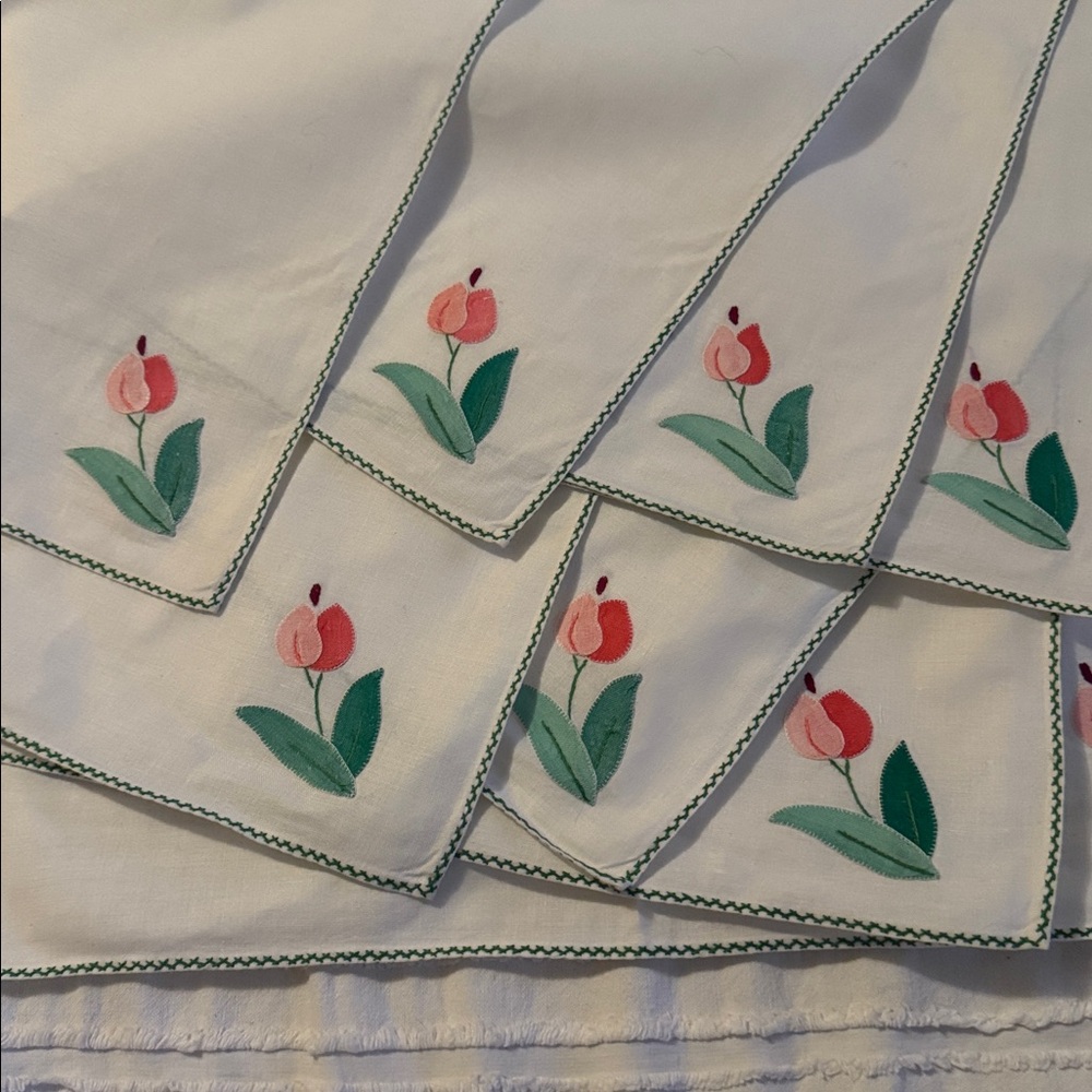 8 Vintage Spring Linen Tulip Hand Embroidered Napkins